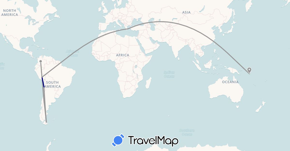 TravelMap itinerary: driving, plane in Argentina, Chile, Colombia, Greece, Peru, Solomon Islands (Europe, Oceania, South America)